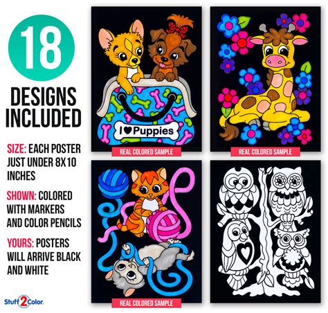 Super 18 Pack Of Fuzzy Velvet Coloring Posters Cute Animals Edition