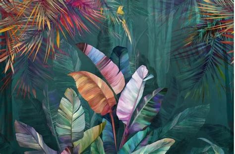 Hand Painted Tropical Plants Palm Wallpaper Huge Leaf