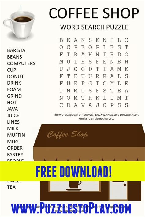 Sip Sip Its The Coffee Shop Word Search Puzzle A Fun Word Game