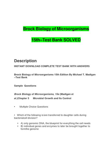 SOLUTION Stuvia 861796 Brock Biology Of Microorganisms 15th Test Bank