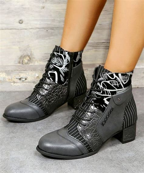 Black And Gray Patchwork Ankle Boot Women Be Bold In These Ankle Boots Featuring A Block Heel