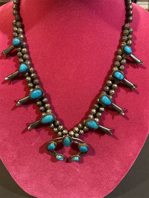 Vintage Native American Sterling Turquoise Squash Blossom Necklace Ebay