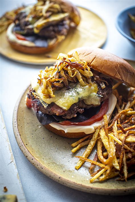 Ultimate Caramelised Onion Blue Cheese Burger With Garlic Shoestring