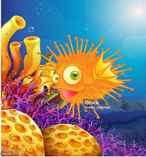 Orange Puffer Fish Near The Coral Reefs Stock Illustration Download