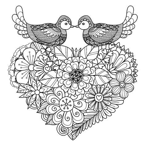 Heart And Two Birds Valentines Day Adult Coloring Pages