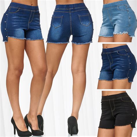 Ladies Jeans Shorts Fringes Rivets Hot Pants Hipsters Used Washed