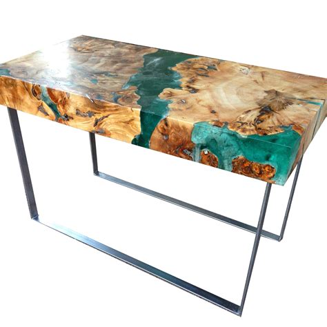 River resin elm coffee table on walnut base. Resin and wood coffee table, welded steel legs. | Resin ...