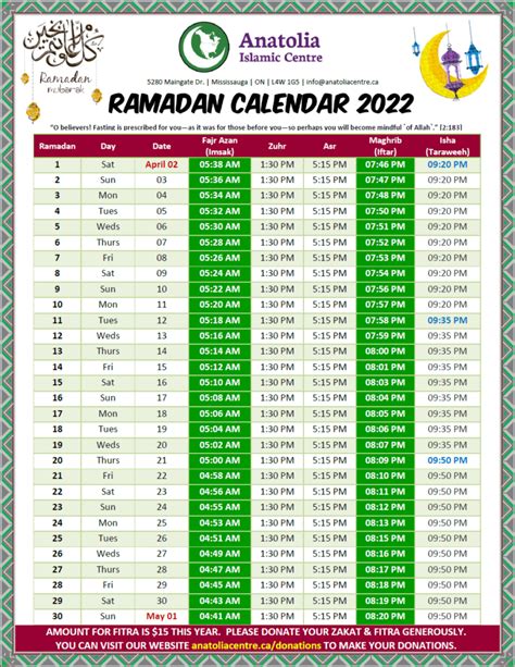 Ramadan Calendar 2022 Anatolia Islamic Centre