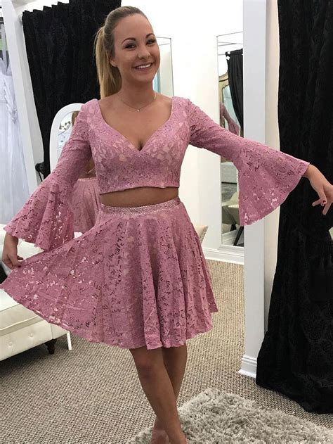 Two Piece Homecoming Dress V Neck Lace Long Sleeves Short Prom Dress P