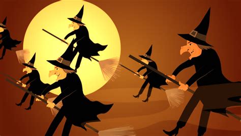 01611 Halloween Witches Flying On A Broomsticks Against A Full Moon At