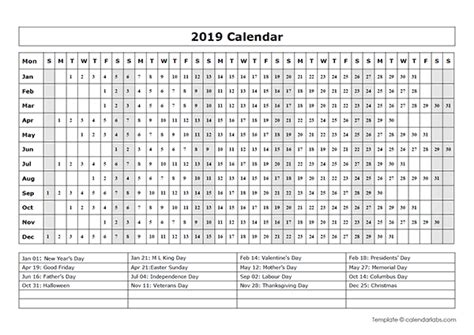 2019 Calendar Template Year At A Glance Free Printable