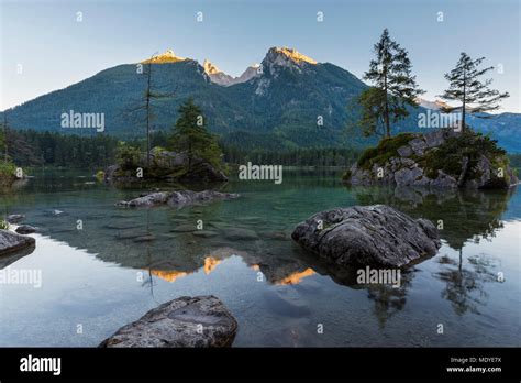 Lake Hintersee With Mountains At Sunset At Ramsau In The Berchtesgaden