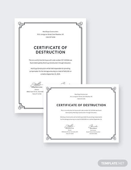 Free Certificate Of Destruction Template Templates Example