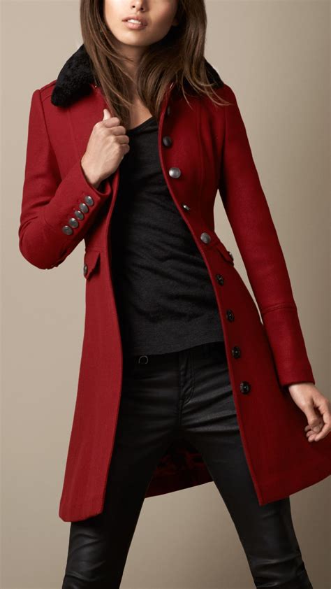 Lyst Burberry Shearling Collar Military Coat In Red