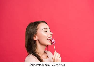 Woman Licking Colored Lollipop Isolated On Stock Photo Shutterstock