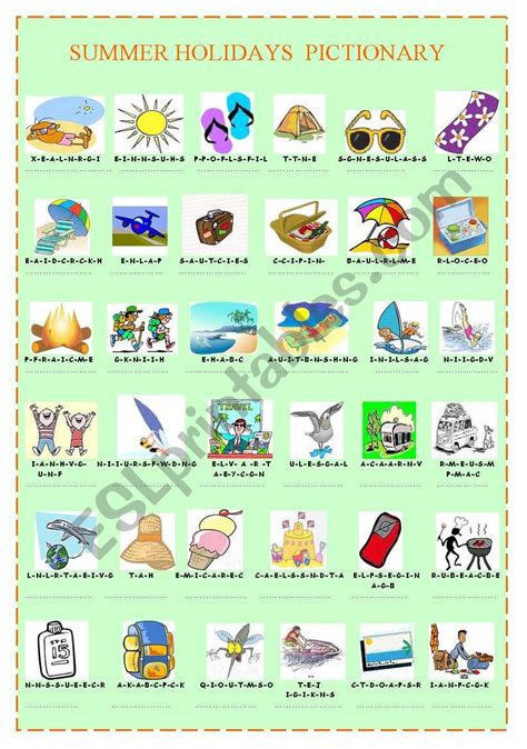 Summer Holidays Pictionary Esl Worksheet By Mimau