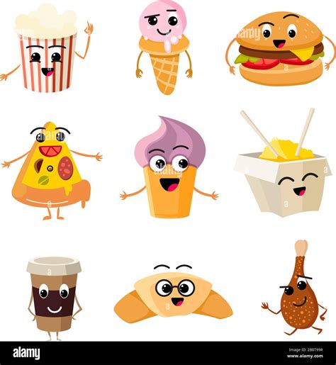 Funny Cartoon Fast Food Vector Set Character Food Burger Lunch