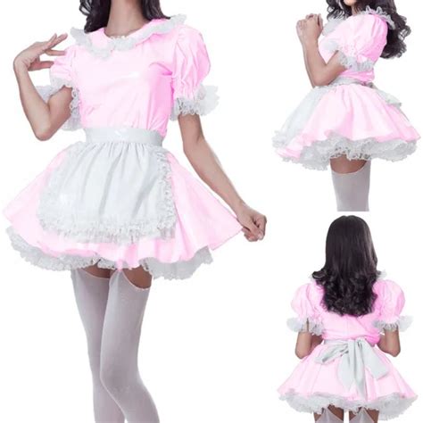 French Sissy Girl Sexy Maid Pink Pvc Lockable Dress Cosplay Costume
