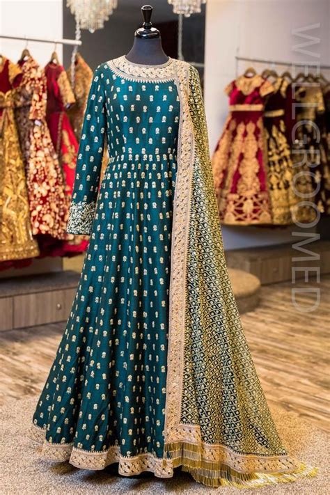 Dark Green Raw Silk Anarkali Indian Gowns Dresses Pakistani Long
