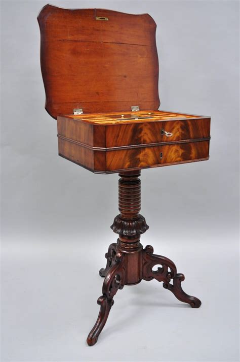 Antique Victorian Sewing Stand Side Table Crotch Mahogany And Walnut