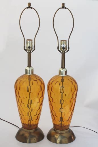 Mid Century Vintage Tall Glass Lamps 60s Retro Amber Glass Table Lamp Pair