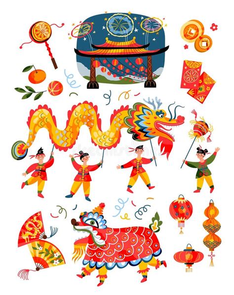 chinese new year celebration elements set traditional asian festival vector illustration stock