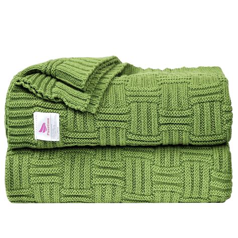 Piccocasa Knit Blanket Green Twin Lightweight Cotton Cable Knit Throw