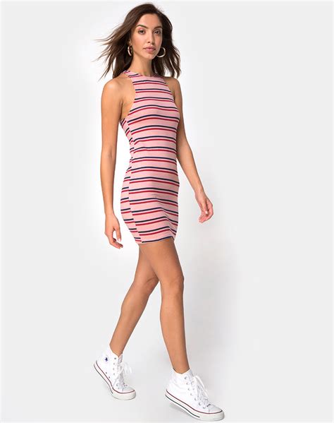 Zena Bodycon Dress In 70s Stripe Pink Horizontal