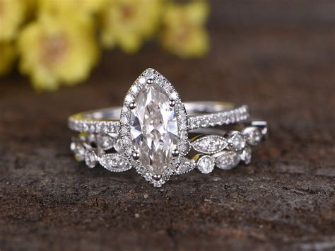 5x10mm Marquise Cut Forever Classic Moissanite Engagement Ring Set
