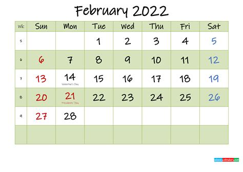 February 2022 Calendar With Holidays Printable Template K22m446