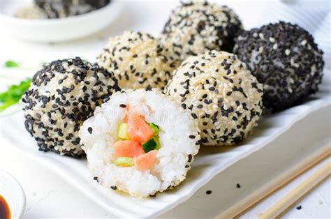 Onigiri Rice Balls With Salmon And Cucumber Asian Appetizer Stock