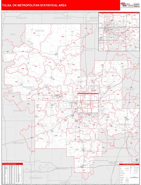 Tulsa Ok Metro Area Zip Code Wall Map Red Line Style By Marketmaps