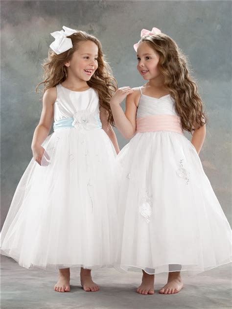 a line princess scoop tea length white tulle designer flower girl dress with sash
