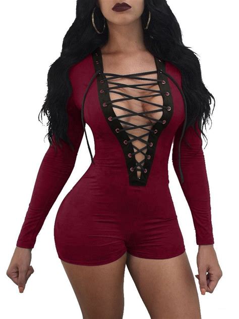 Buy Cut Out Sexy Lace Up Bodysuit Rompers Women