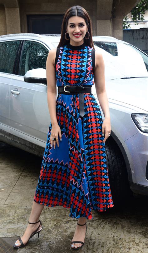 Kriti Sanon In A Sleeveless Midi Designer Dress Featuring Geometrical Prints In Tones Of Black