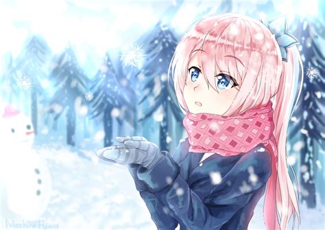 Download 3840x2160 Anime Girl Pink Hair Scarf Snowflake Blue Eyes