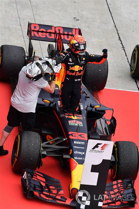 Race Winner Max Verstappen Red Bull Racing Rb13 Celebrates In Parc