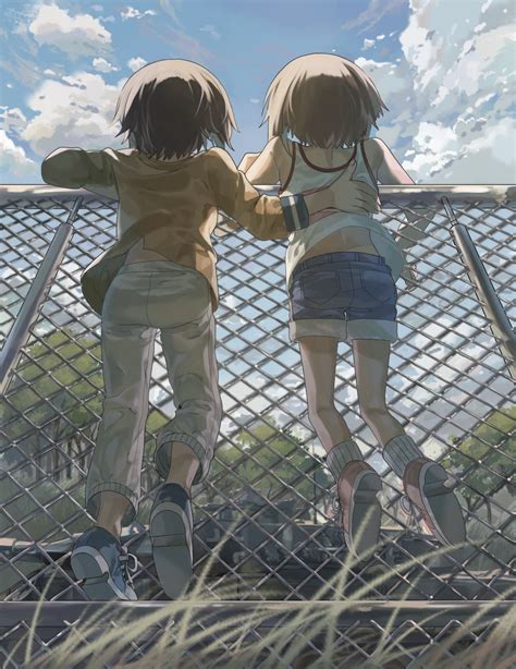 Safebooru 2girls Brown Hair Chain Link Fence Fence From Behind Girls