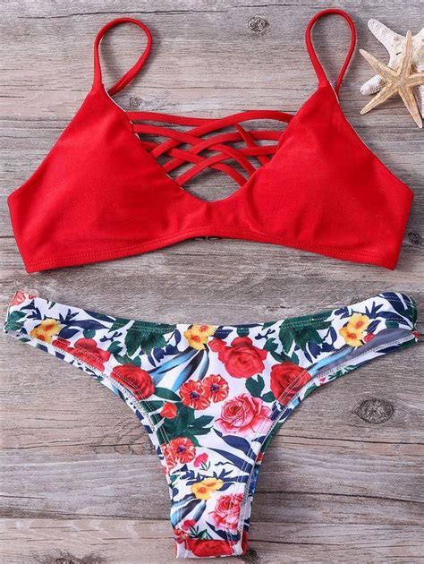 Red Lattice Bikini Top And Floral Bottom Bikinis Bikini Swimsuits My