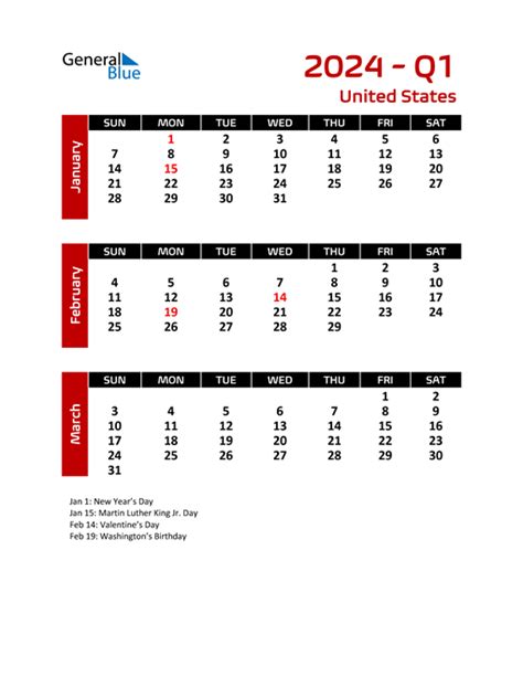 Q1 2024 Quarterly Calendar With United States Holidays