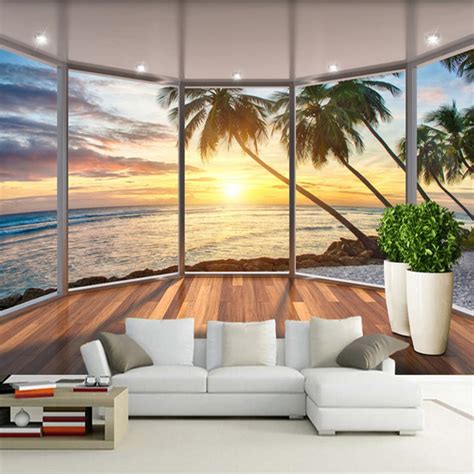 Custom 3d Mural Wallpaper Window Seaside Landscape Sunrise