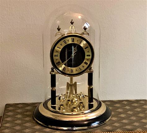 Elgin Anniversary Clock Glass Dome Revolving Pendulum Black Enamel
