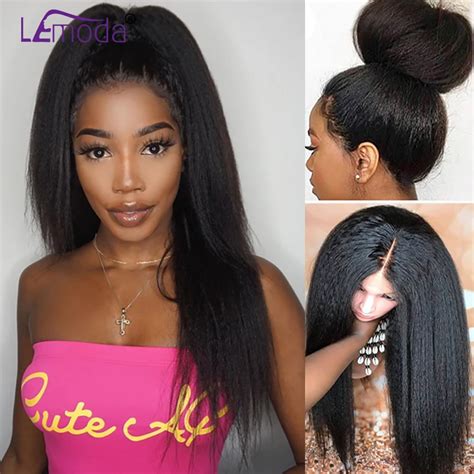 kinky straight wig glueless lace front human hair wigs pre plucked malaysian remy long hair