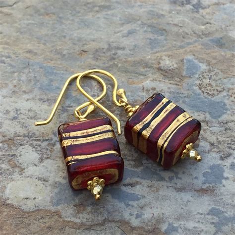 Red And Gold Czech Glass Earrings Artisan Earrings Etsy