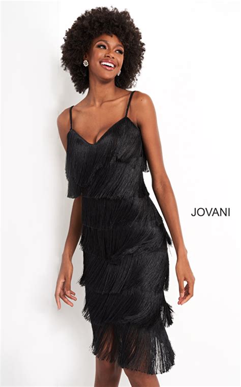 Jovani M Black Fringe Spaghetti Strap Cocktail Dress