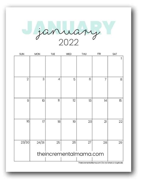 2022 January Calendar Blank Vertical Template Free Calendar All In