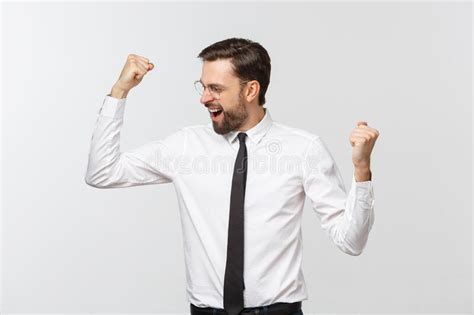 Very Happy Successful Gesturing Business Man Isolated On White Stock