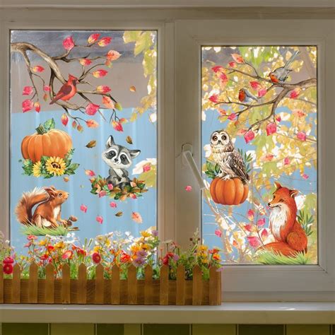 Mfault Fall Woodland Animals Window Clings 9 Sheets Autumn Safari Fox