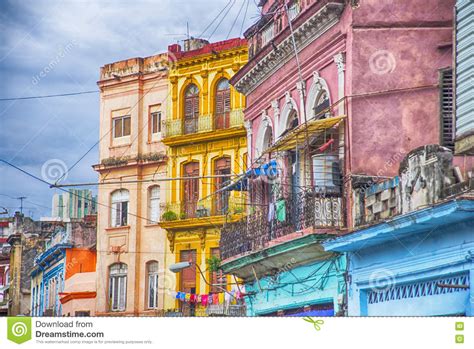 Colorful Balconies And Buildings In Havana Cuba Stock