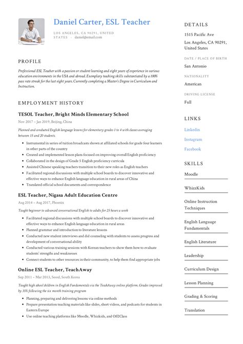 Study the job posting for the teaching position and tailor your professional profile in line with the essential requirements. ESL Teacher Resume Sample & Writing Guide | Resumeviking.com